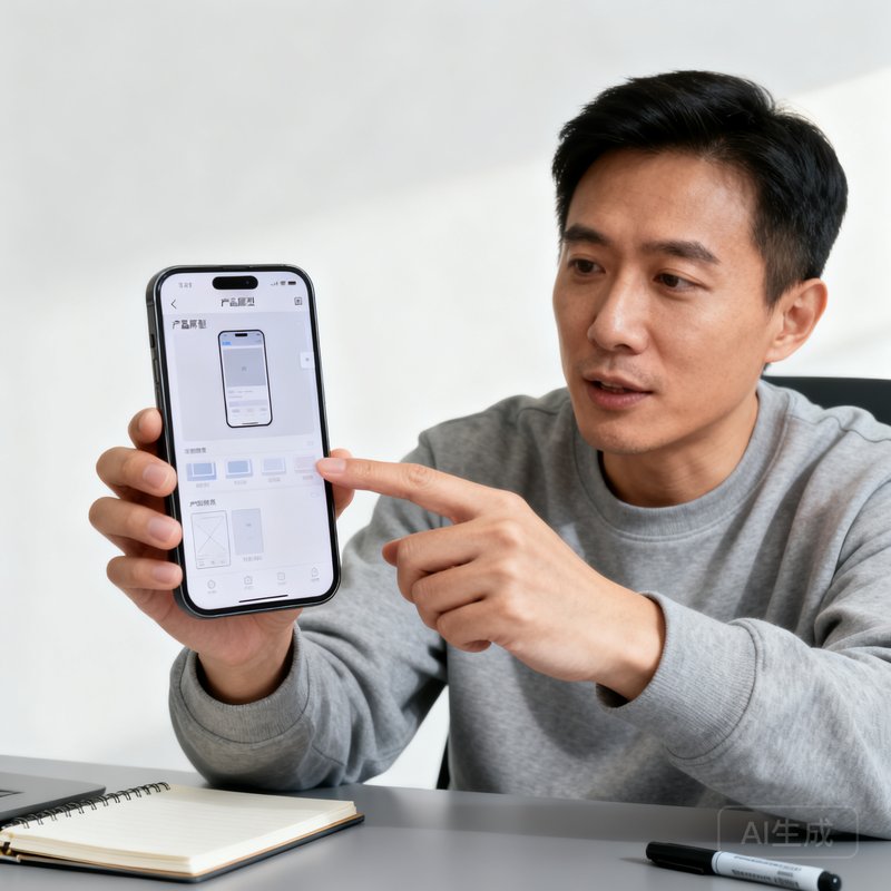 搜球吧产品VP王涛，三十多岁男性，穿着灰色卫衣，正在用手机演示产品原型，表情认真投入