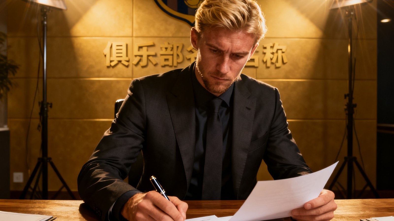 一名身穿西装的金发球员在合同上签字，背景是俱乐部标志墙和闪光灯，象征重磅转会完成