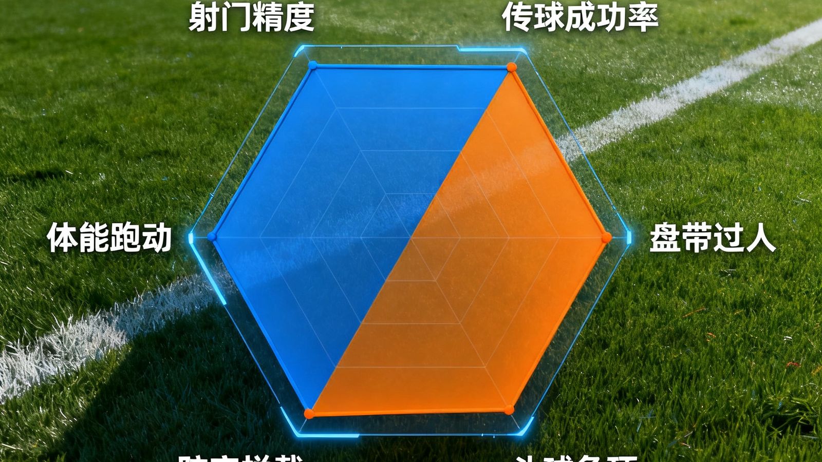 两名足球运动员的数据雷达对比图，以六边形图表展示射门精度、传球成功率、盘带过人、防守拦截、体能跑动和头球争顶六项指标，蓝色区域代表球员A，橙色区域代表球员B